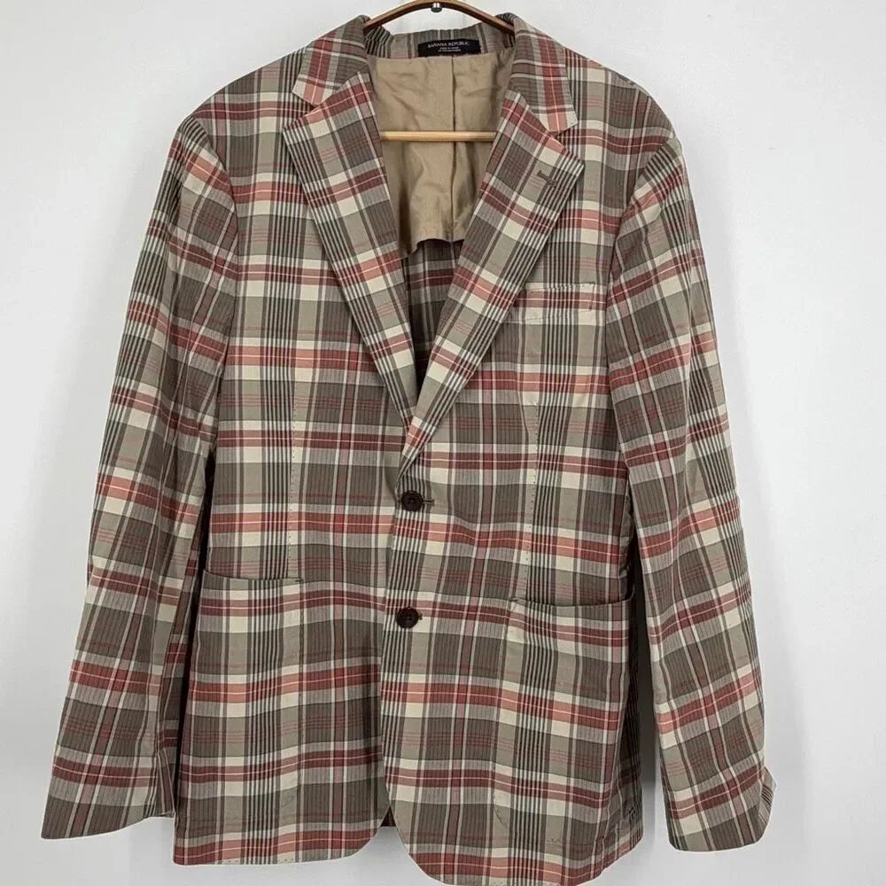 Banana Republic Beige Gray Pink Shabby Chic Plaid Tailored Slim Blazer Size 38
